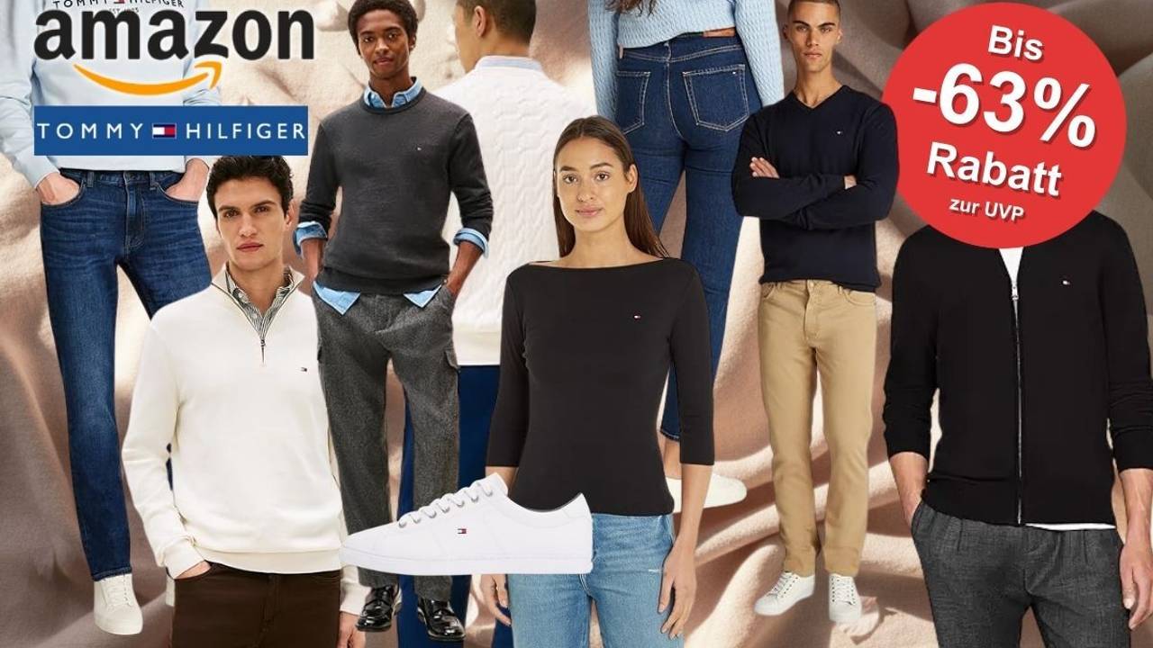 Collage mit Tommy Hilfiger Mode für Damen und Herren – darunter Strickpullover in Weiß, Grau und Navy, Jeans, Chinos, ein schwarzes Langarmshirt, eine Zip-Jacke sowie weiße Tommy Hilfiger Sneaker – mit bis zu 63 % Rabatt zur UVP, präsentiert vor einem warmen, pastellfarbenen Stoffhintergrund.