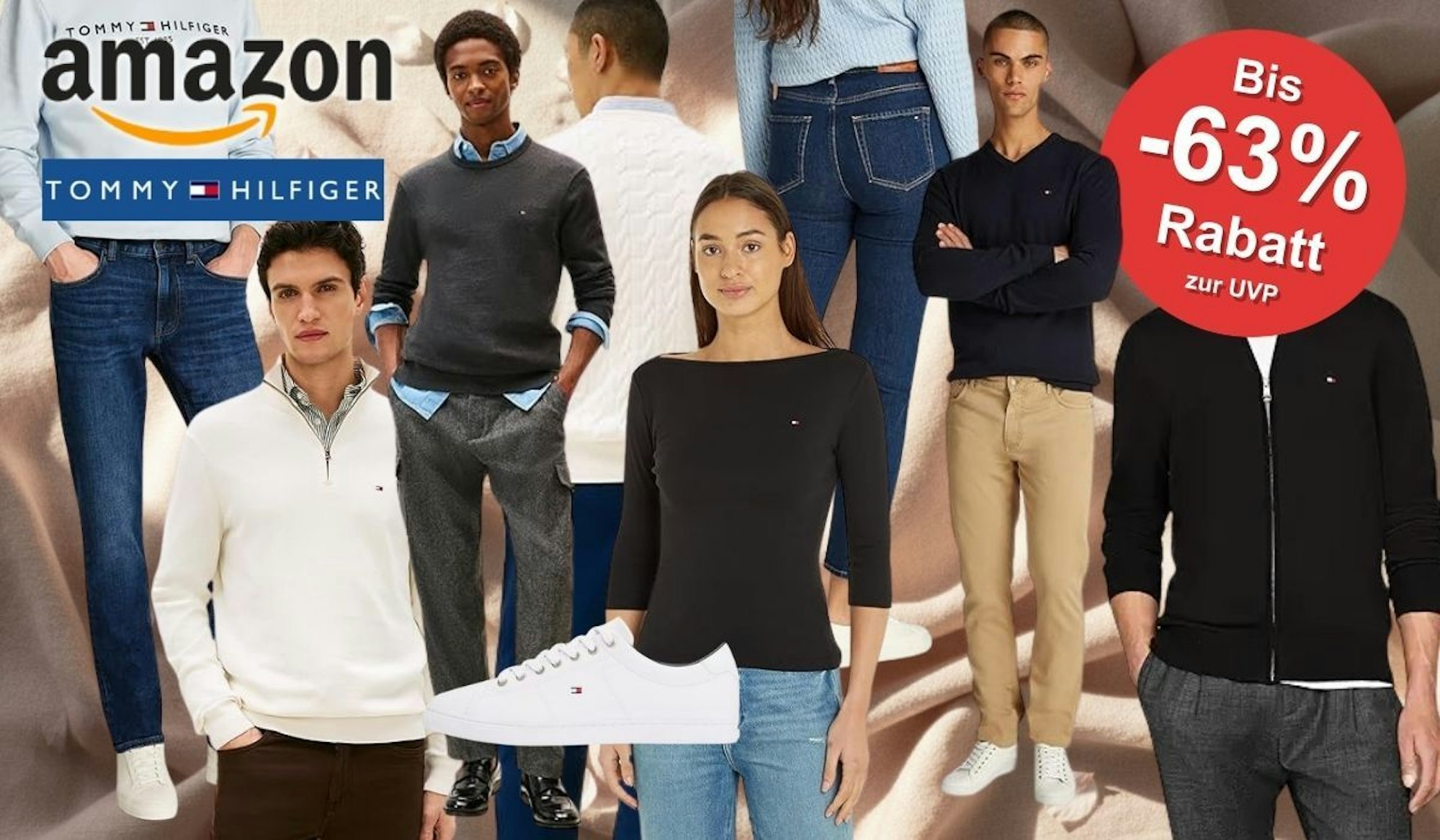 Collage mit Tommy Hilfiger Mode für Damen und Herren – darunter Strickpullover in Weiß, Grau und Navy, Jeans, Chinos, ein schwarzes Langarmshirt, eine Zip-Jacke sowie weiße Tommy Hilfiger Sneaker – mit bis zu 63 % Rabatt zur UVP, präsentiert vor einem warmen, pastellfarbenen Stoffhintergrund.
