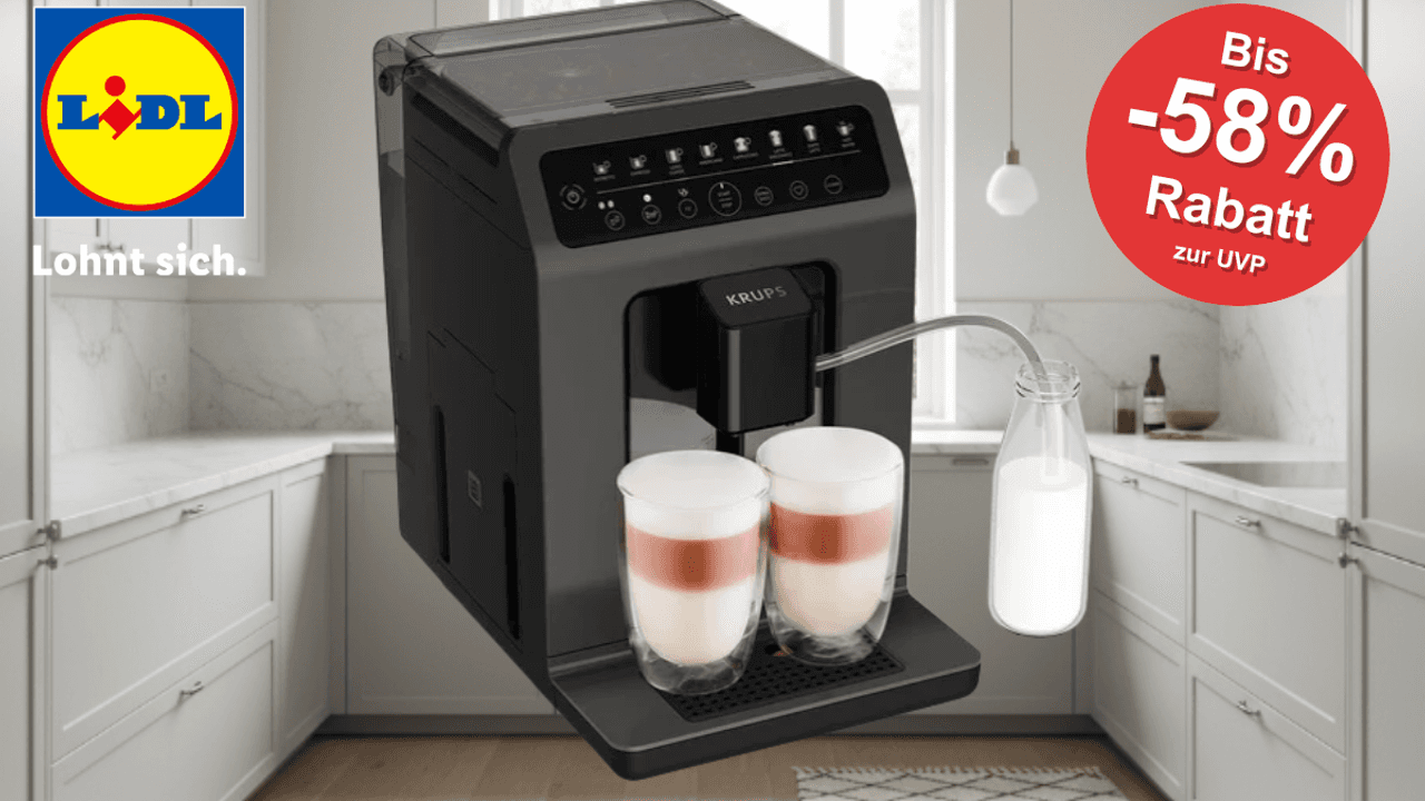 Krups Kaffeevollautomat vor einer weißen Küche im Hintergrund.
