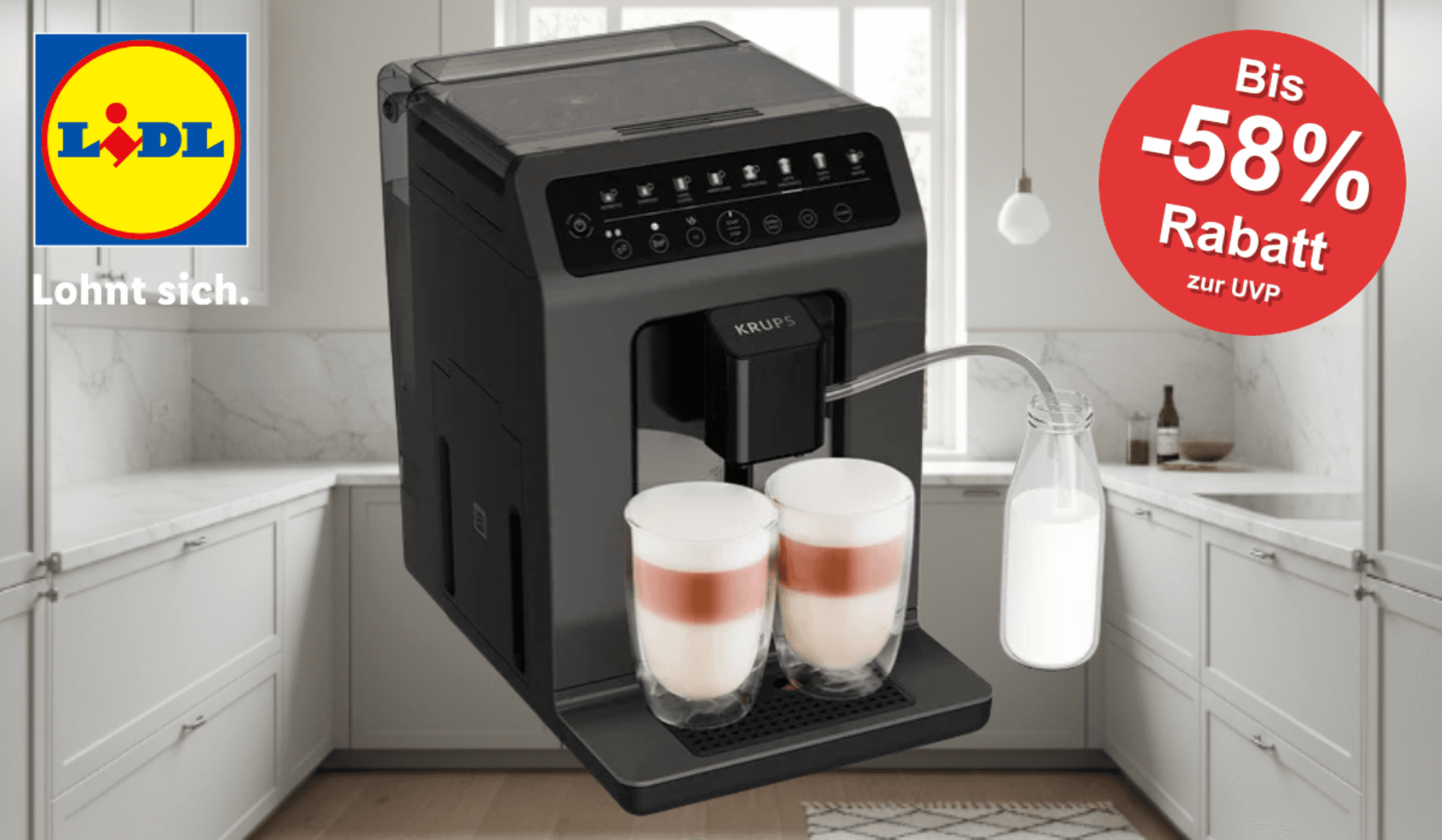 Krups Kaffeevollautomat vor einer weißen Küche im Hintergrund.