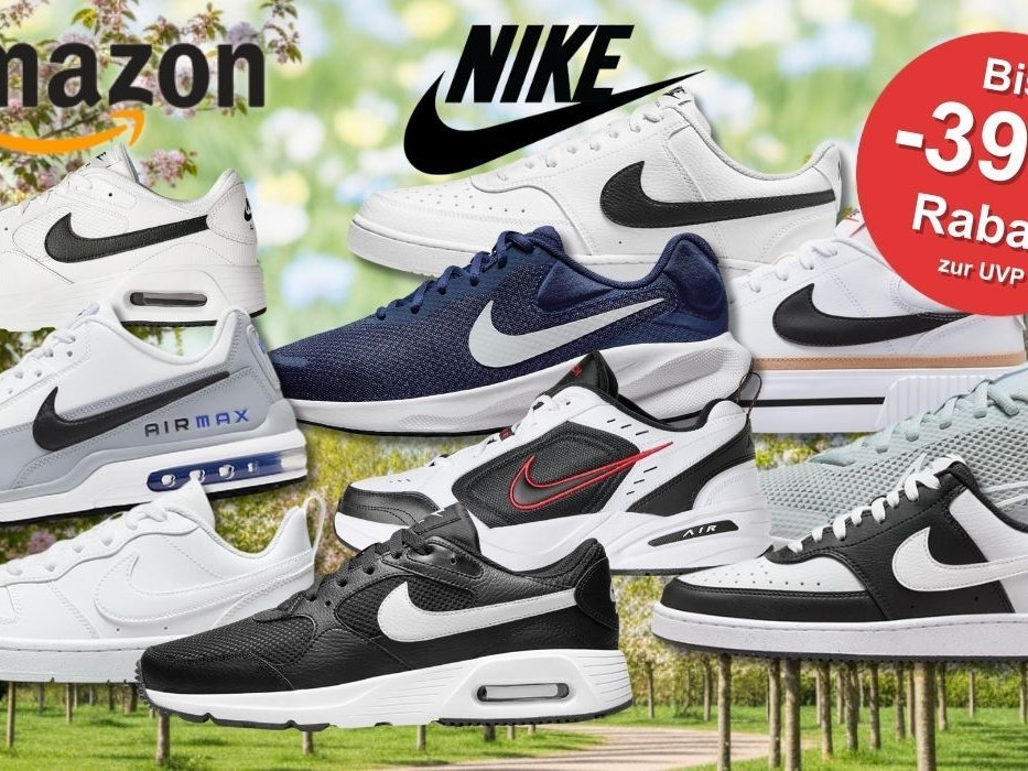 Collage mit acht Nike Sneaker-Modellen – darunter Nike Air Max, Air Force 1, Court Vision und weitere Styles in Weiß, Schwarz, Navy und Grau – mit bis zu 39 % Rabatt zur UVP, präsentiert vor einem frühlingshaften Hintergrund mit blühenden Bäumen und grünem Park.