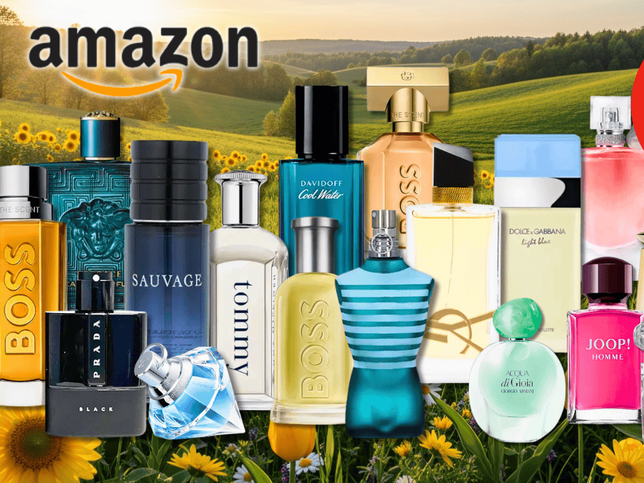 Viele Parfum Flakons von Marken wie Mugler, Boss, Tommy Hilfiger, Diesel, Versace, DKNY, Ralph Lauren und vielen mehr vor rosa Hintergrund mit Herzen.