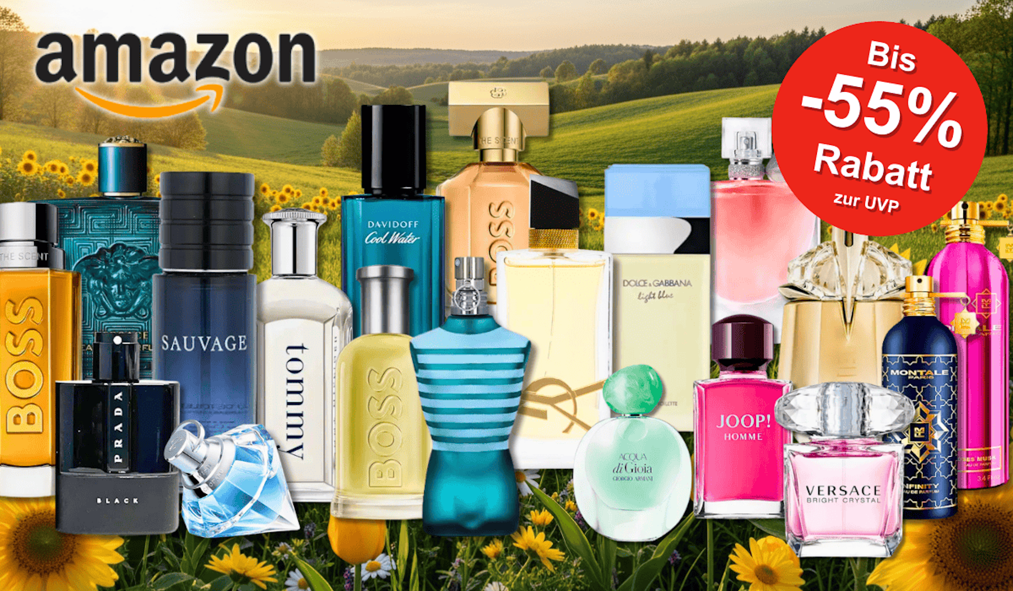 Viele Parfum Flakons von Marken wie Mugler, Boss, Tommy Hilfiger, Diesel, Versace, DKNY, Ralph Lauren und vielen mehr vor rosa Hintergrund mit Herzen.