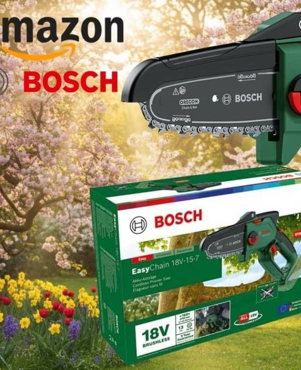 Bosch EasyChain 18V-15-7 kompakte Akku-Mini-Kettensäge mit Originalverpackung vor einem frühlingshaften Gartenhintergrund mit blühenden Bäumen und bunten Frühlingsblumen, mit Amazon-Logo und Bosch-Logo sowie einem roten Rabatt-Badge mit der Aufschrift „Bis -43 % Rabatt zur UVP" – Amazon Frühlingsangebote 2026.