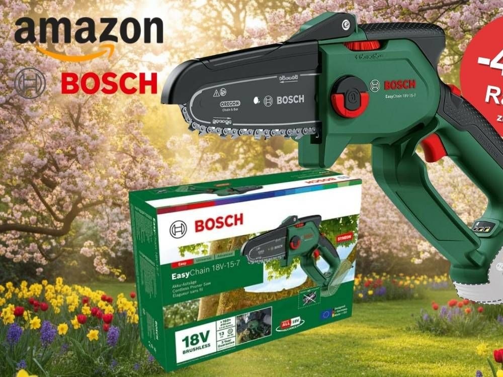 Bosch EasyChain 18V-15-7 kompakte Akku-Mini-Kettensäge mit Originalverpackung vor einem frühlingshaften Gartenhintergrund mit blühenden Bäumen und bunten Frühlingsblumen, mit Amazon-Logo und Bosch-Logo sowie einem roten Rabatt-Badge mit der Aufschrift „Bis -43 % Rabatt zur UVP" – Amazon Frühlingsangebote 2026.