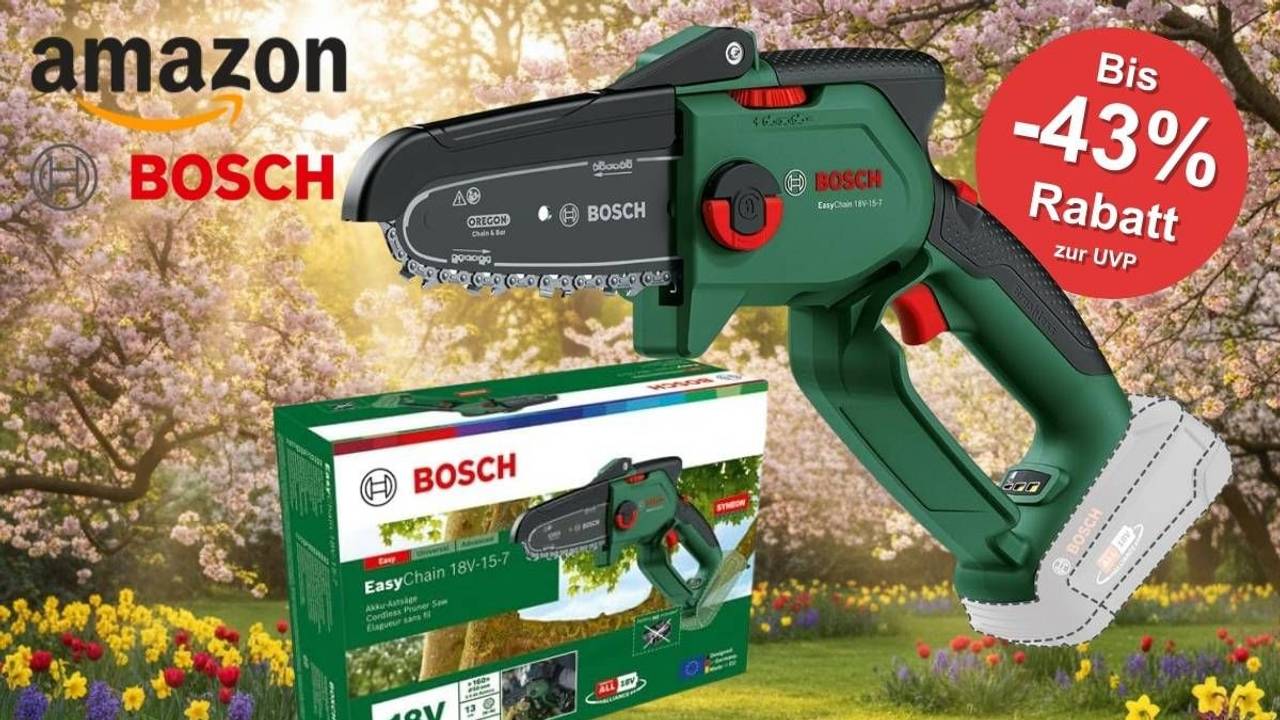 Bosch EasyChain 18V-15-7 kompakte Akku-Mini-Kettensäge mit Originalverpackung vor einem frühlingshaften Gartenhintergrund mit blühenden Bäumen und bunten Frühlingsblumen, mit Amazon-Logo und Bosch-Logo sowie einem roten Rabatt-Badge mit der Aufschrift „Bis -43 % Rabatt zur UVP" – Amazon Frühlingsangebote 2026.