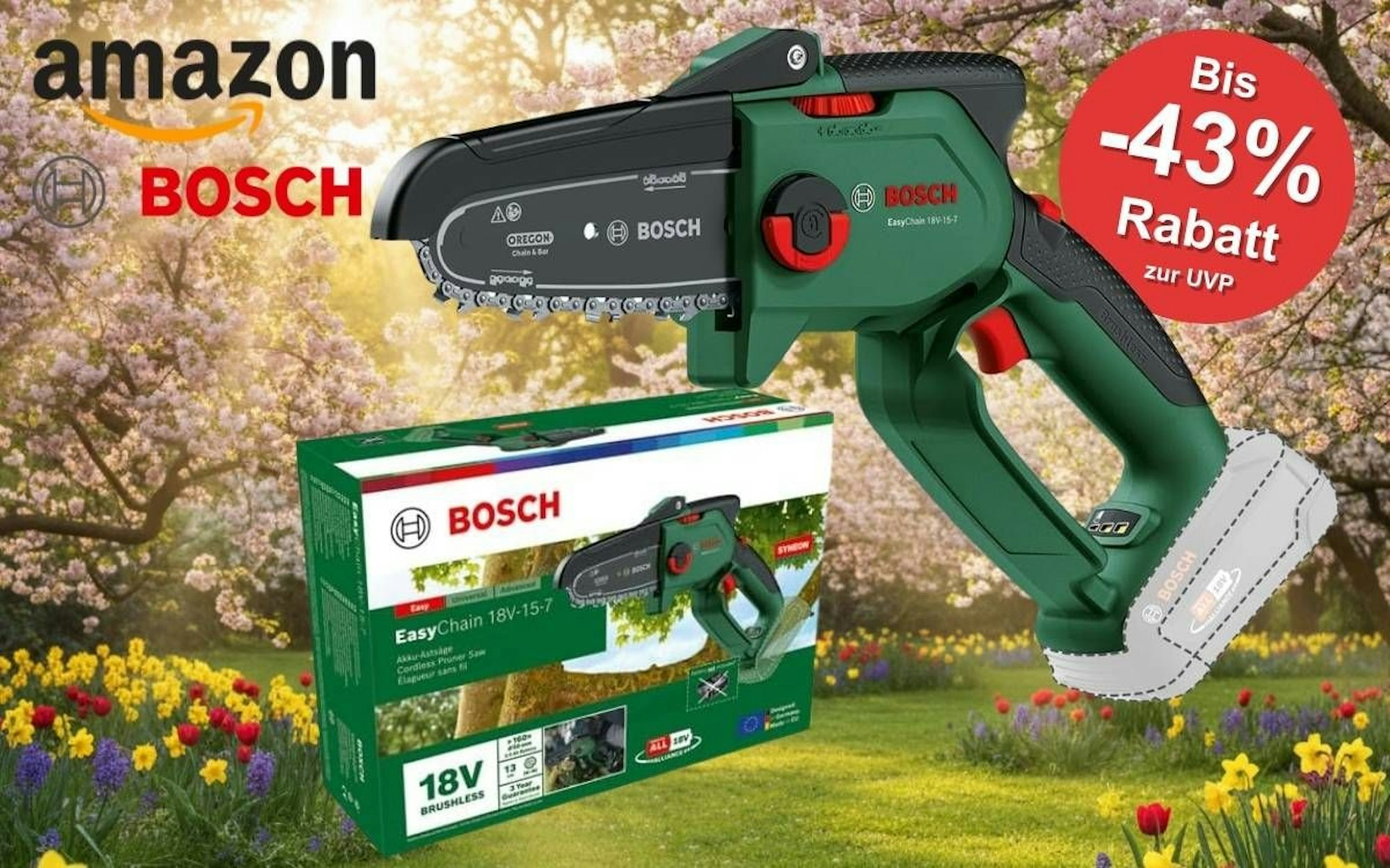 Bosch EasyChain 18V-15-7 kompakte Akku-Mini-Kettensäge mit Originalverpackung vor einem frühlingshaften Gartenhintergrund mit blühenden Bäumen und bunten Frühlingsblumen, mit Amazon-Logo und Bosch-Logo sowie einem roten Rabatt-Badge mit der Aufschrift „Bis -43 % Rabatt zur UVP" – Amazon Frühlingsangebote 2026.