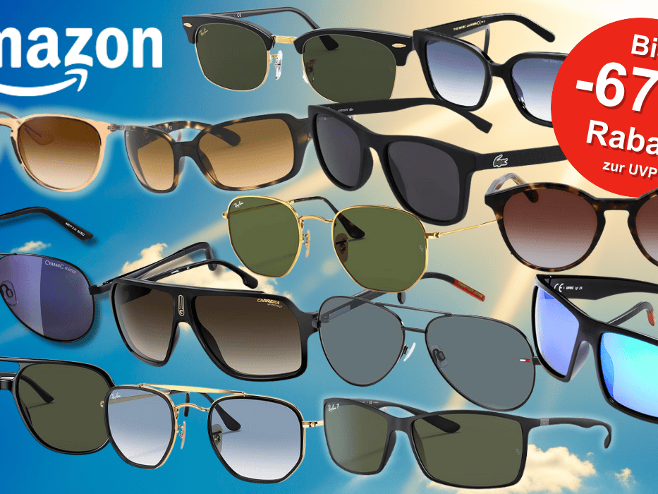 Viele Marken Sonnenbrillen von Ray Ban, Carrera, Uvex, Lacoste, Tommy Hilfiger, Oakley, Levis und Calvin Klein vor sonnigem Himmel über grüner, blühender Landschaft.