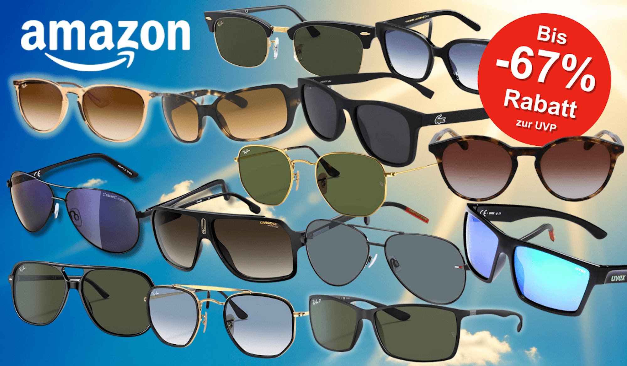 Viele Marken Sonnenbrillen von Ray Ban, Carrera, Uvex, Lacoste, Tommy Hilfiger, Oakley, Levis und Calvin Klein vor sonnigem Himmel über grüner, blühender Landschaft.