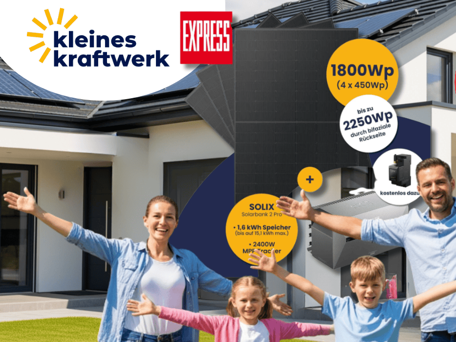 Der Kleines Kraftwerk EXPRESS Deal vor einer Familie und Haus.