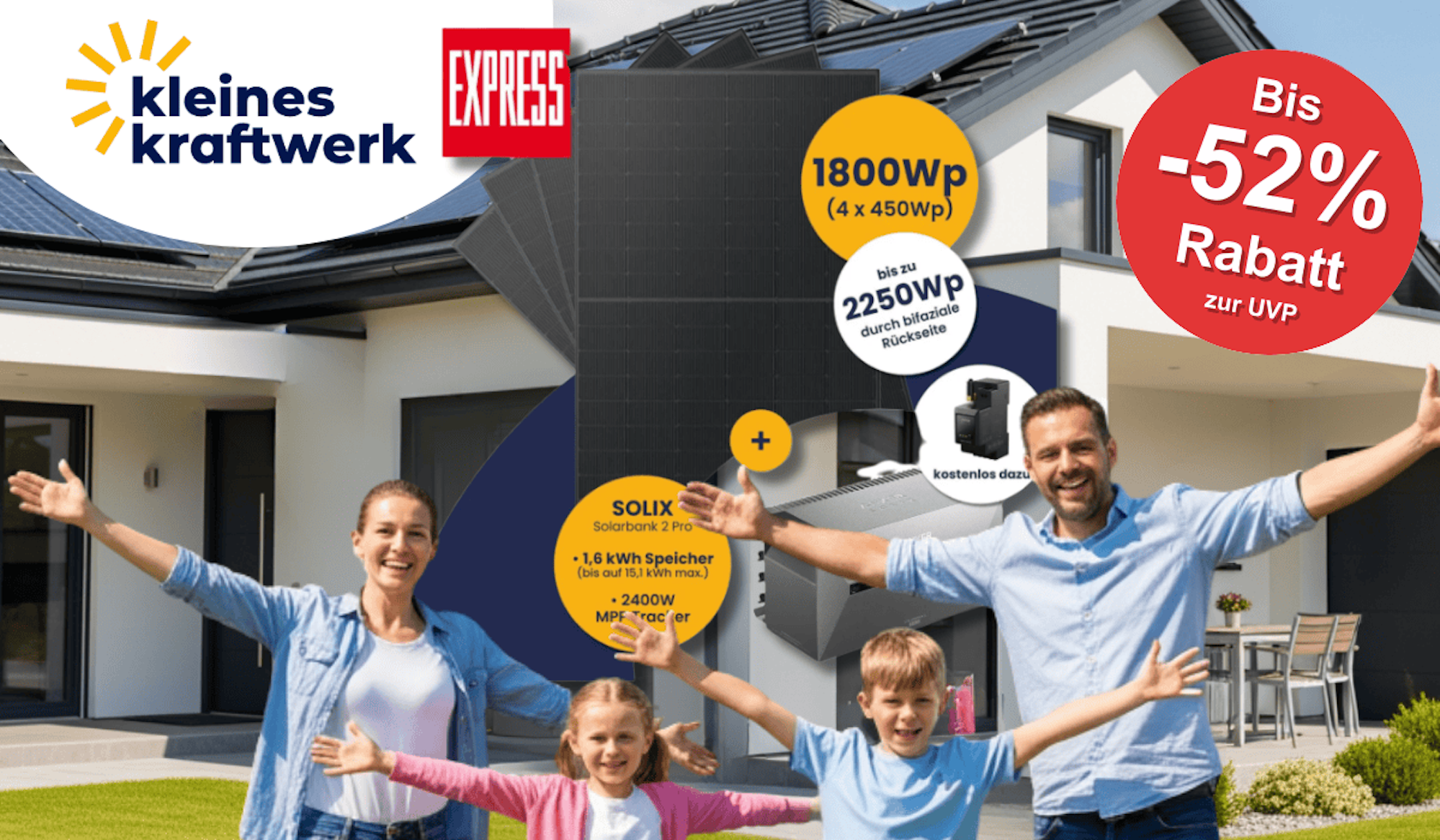 Der Kleines Kraftwerk EXPRESS Deal vor einer Familie und Haus.