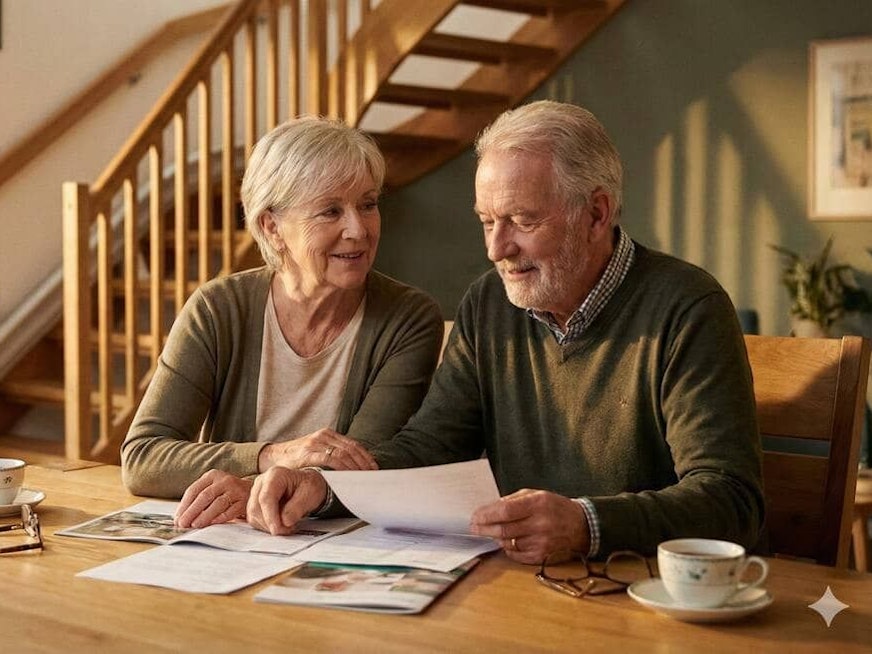 Ein älterer Mann und eine ältere Frau sitzen gemeinsam am Tisch und lächeln, im Hintergrund ist ein Treppenlift zu sehen.
