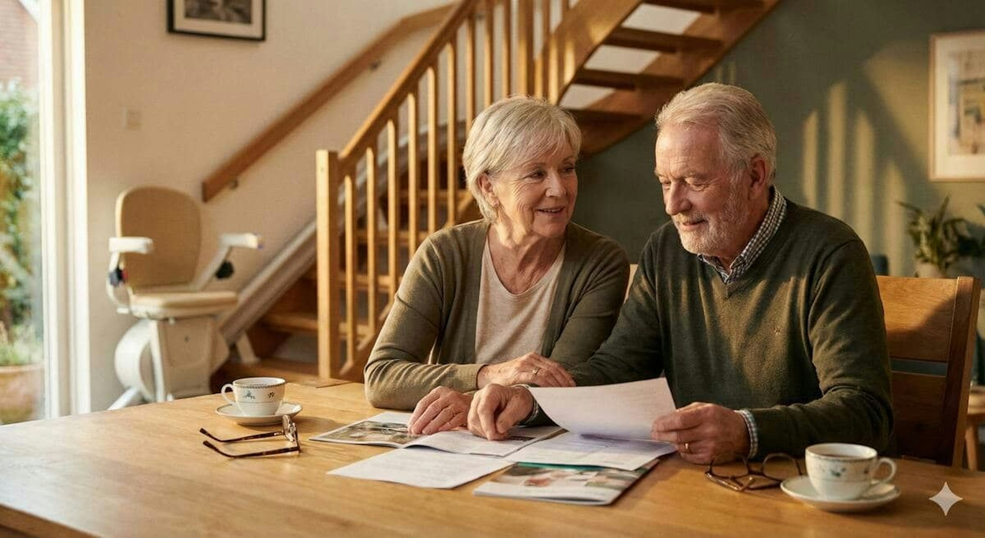 Ein älterer Mann und eine ältere Frau sitzen gemeinsam am Tisch und lächeln, im Hintergrund ist ein Treppenlift zu sehen.