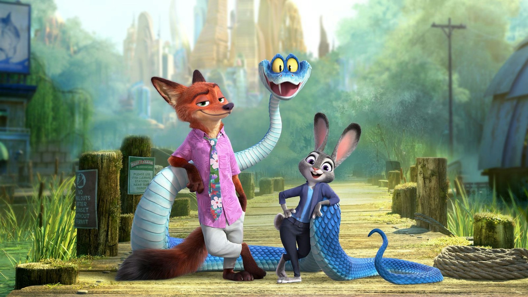 Fuchs Nick und Hase Judy treffen in „Zoomania 2“ auf Schlange Gary. Können Sie dem Kriechtier mit dem schlechten Ruf trauen? (Bild: Leonine/2025 Disney Enterprises)