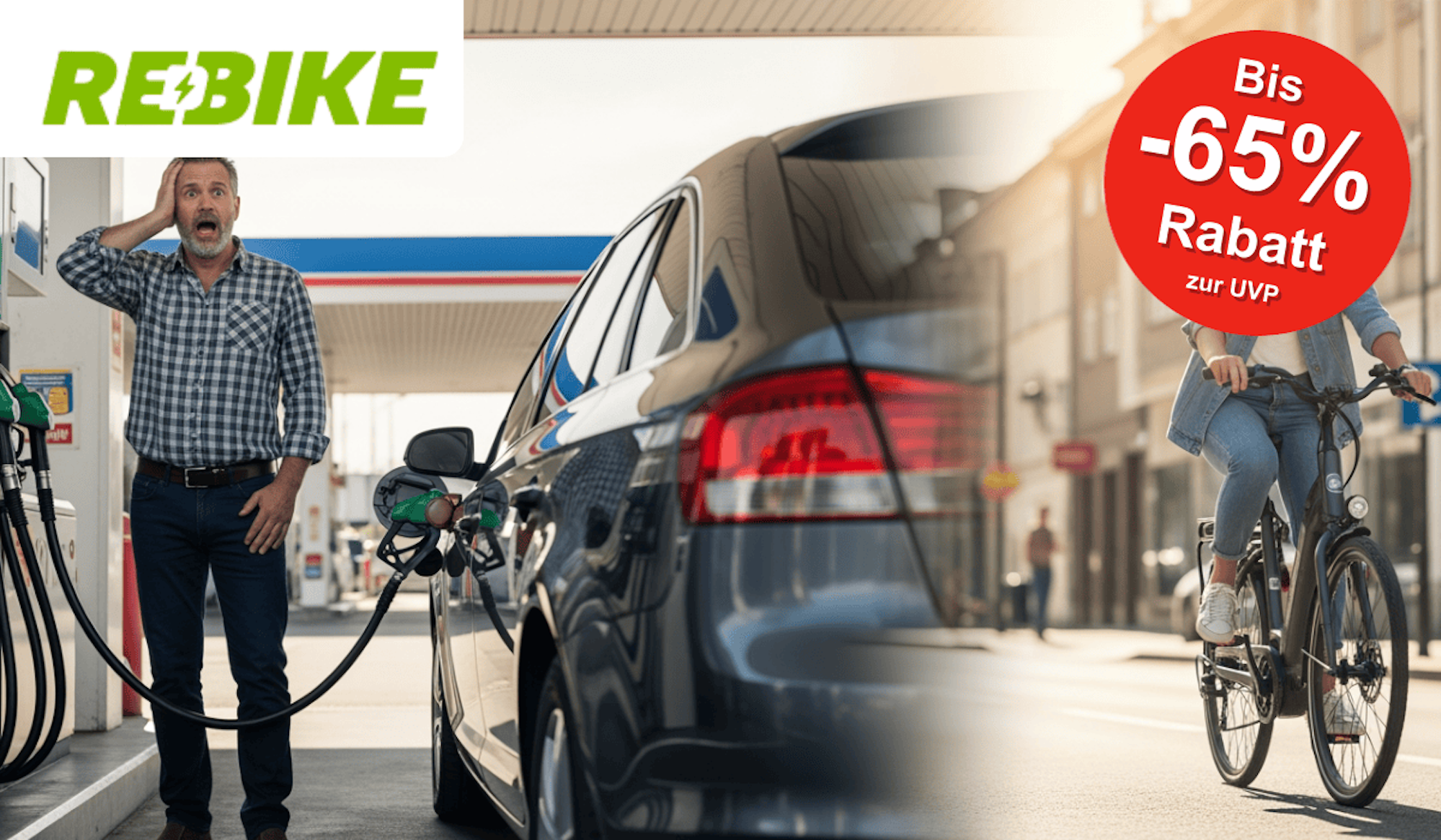 Ein Mann der geschockt von den Tankpreisen ist während eine Frau mit dem E-Bike fährt.