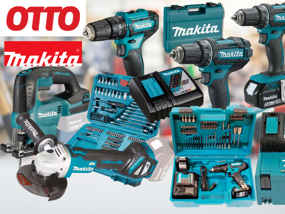 Makita-Werkzeug, darunter Akku-Bohrschrauber, Werkzeugkoffer und Sägen vor einem unscharfen Werkstatthintergrund.