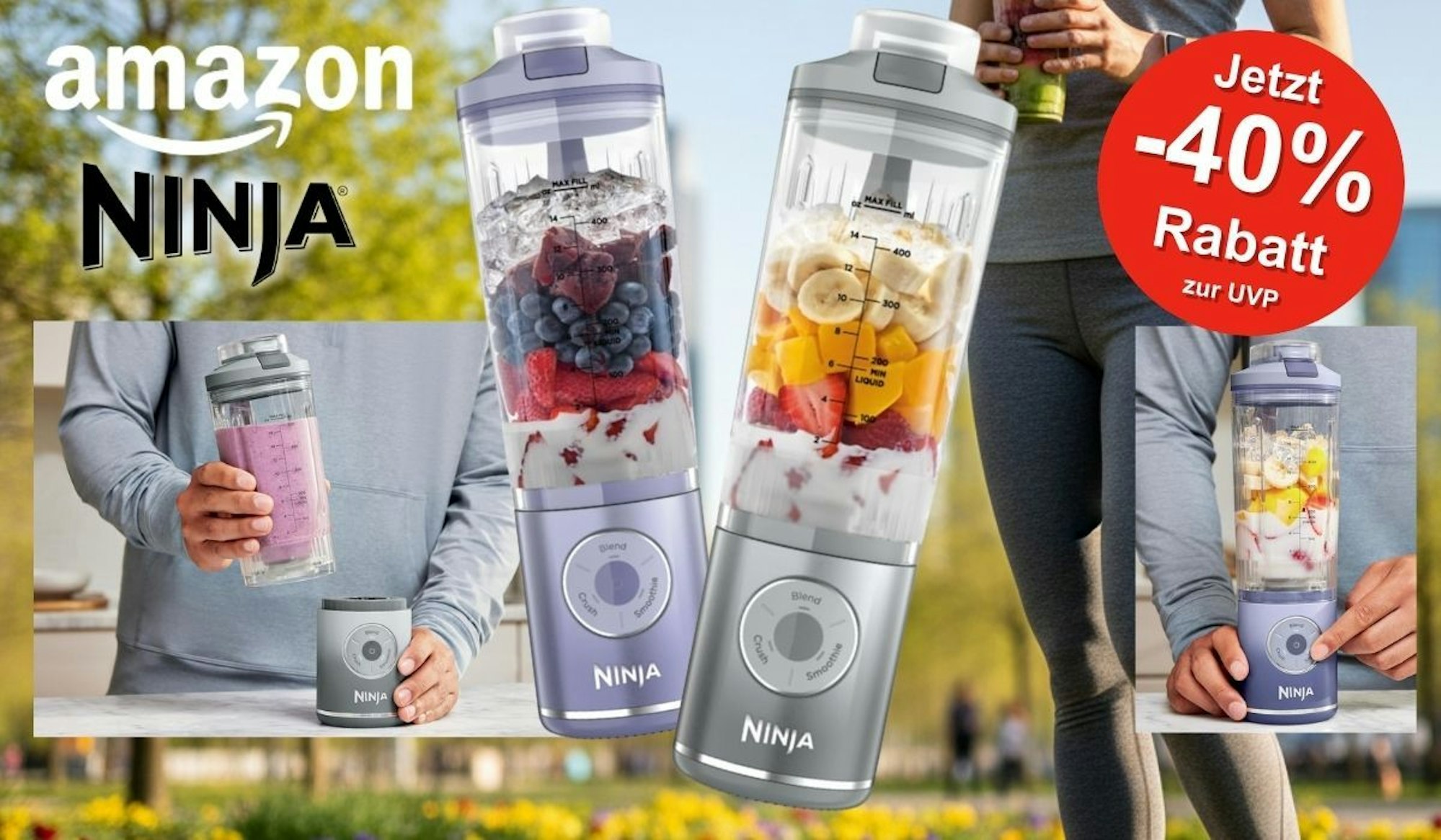 Ninja Blast Max 2er-Bundle in den Farben Lavendel und Silber mit frischen Früchten gefüllten 570-ml-Mixbechern, gehalten von einer sportlichen Person in einem Frühlingspark, mit Amazon-Logo, Ninja-Logo und rotem Rabatt-Badge.