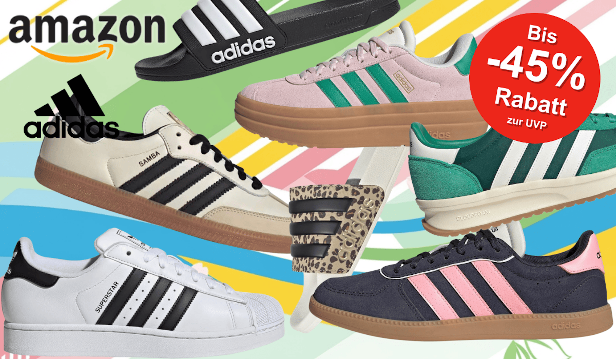 Verschiedene adidas Sneaker Modelle und adiletten vor einem bunten Hintergrundbild.