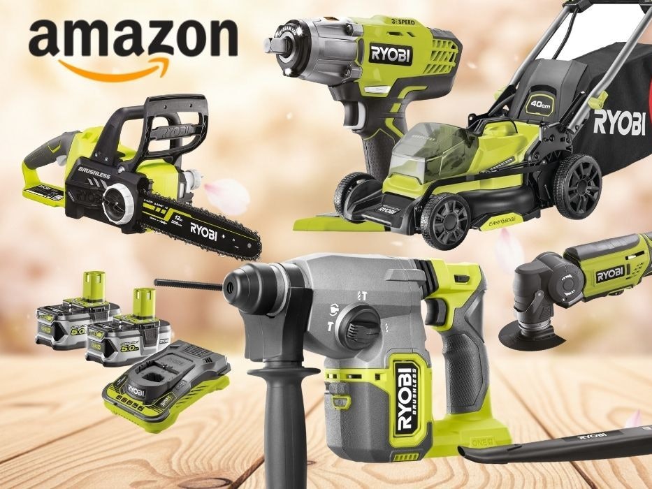 Collage verschiedener Ryobi Akku-Werkzeuge und Gartengeräte – Kettensäge, Schlagschrauber, Rasenmäher, Bohrhammer, Winkelschleifer, Stichsäge und Laubbläser – vor hellem Frühlingshintergrund mit Amazon-Logo und rotem Rabatt-Button „Bis -46 % zur UVP"