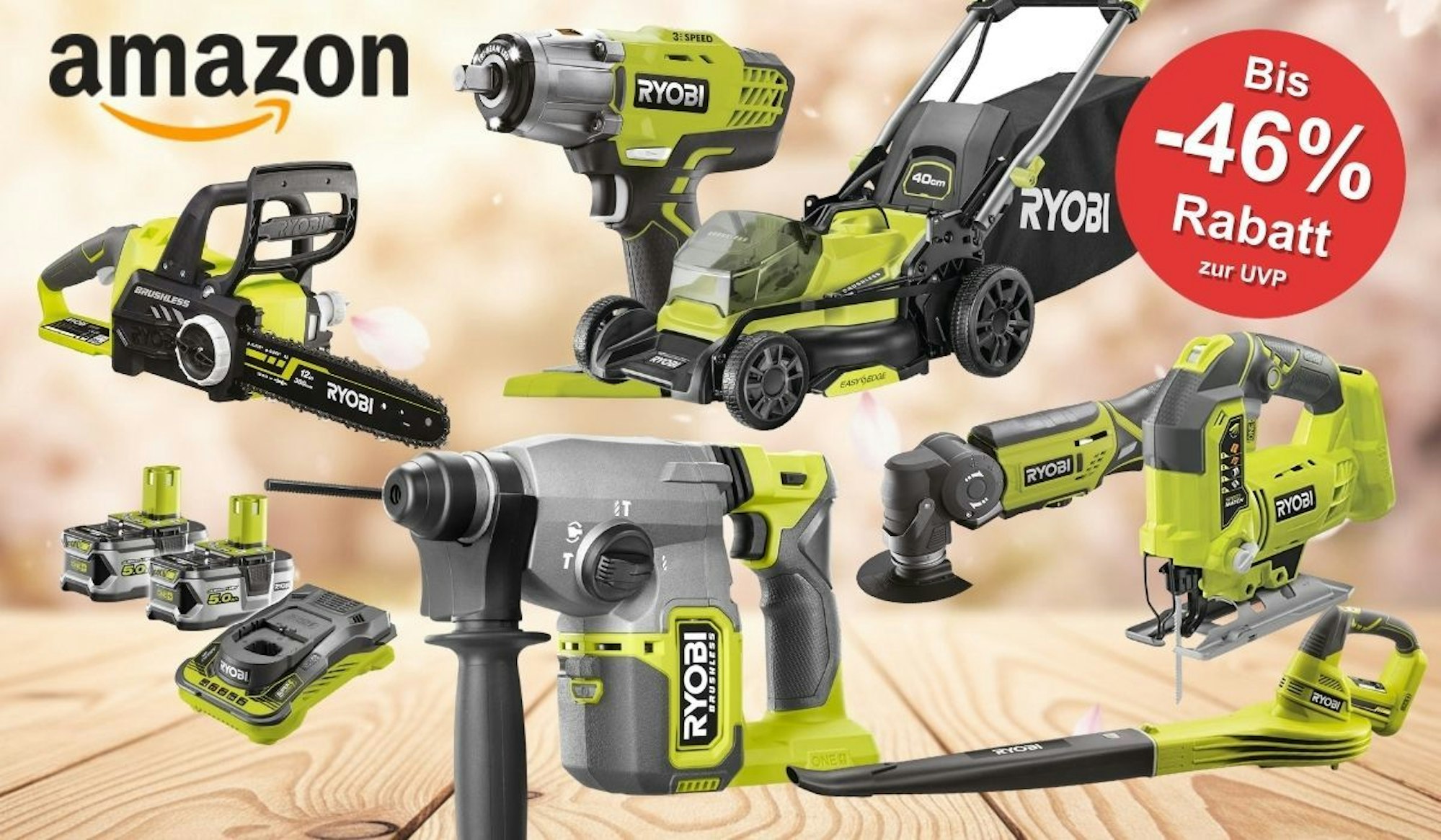 Collage verschiedener Ryobi Akku-Werkzeuge und Gartengeräte – Kettensäge, Schlagschrauber, Rasenmäher, Bohrhammer, Winkelschleifer, Stichsäge und Laubbläser – vor hellem Frühlingshintergrund mit Amazon-Logo und rotem Rabatt-Button „Bis -46 % zur UVP"