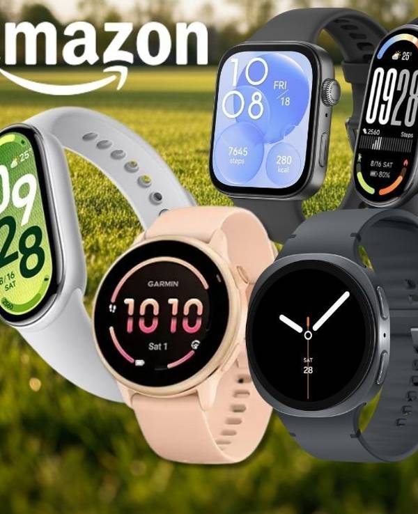 Collage mehrerer Smartwatches verschiedener Marken – darunter Apple Watch, Samsung Galaxy Watch, Garmin und Xiaomi – vor einem frühlingshaften grünen Rasen-Hintergrund, mit Amazon-Logo und rotem Rabatt-Badge mit der Aufschrift „Bis -57 % Rabatt zur UVP".