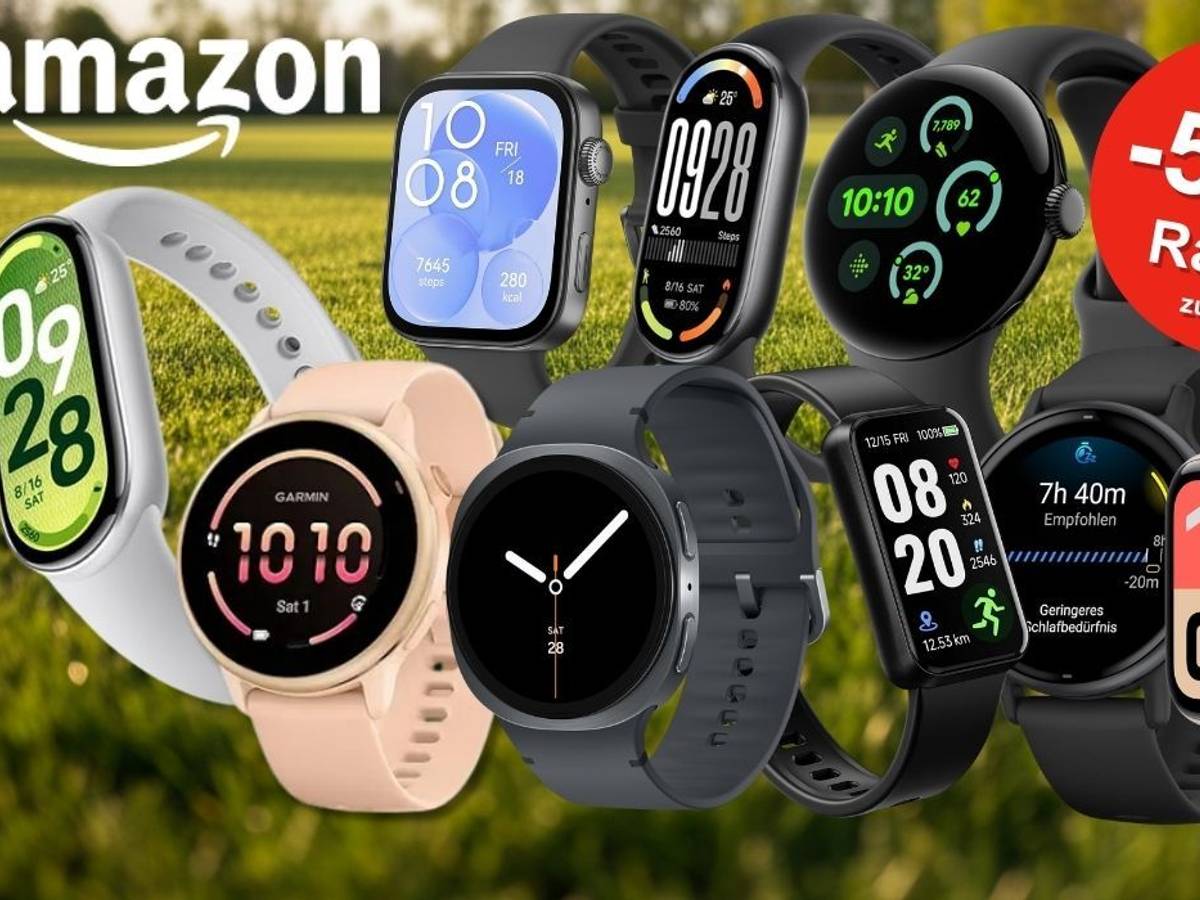 Collage mehrerer Smartwatches verschiedener Marken – darunter Apple Watch, Samsung Galaxy Watch, Garmin und Xiaomi – vor einem frühlingshaften grünen Rasen-Hintergrund, mit Amazon-Logo und rotem Rabatt-Badge mit der Aufschrift „Bis -57 % Rabatt zur UVP".