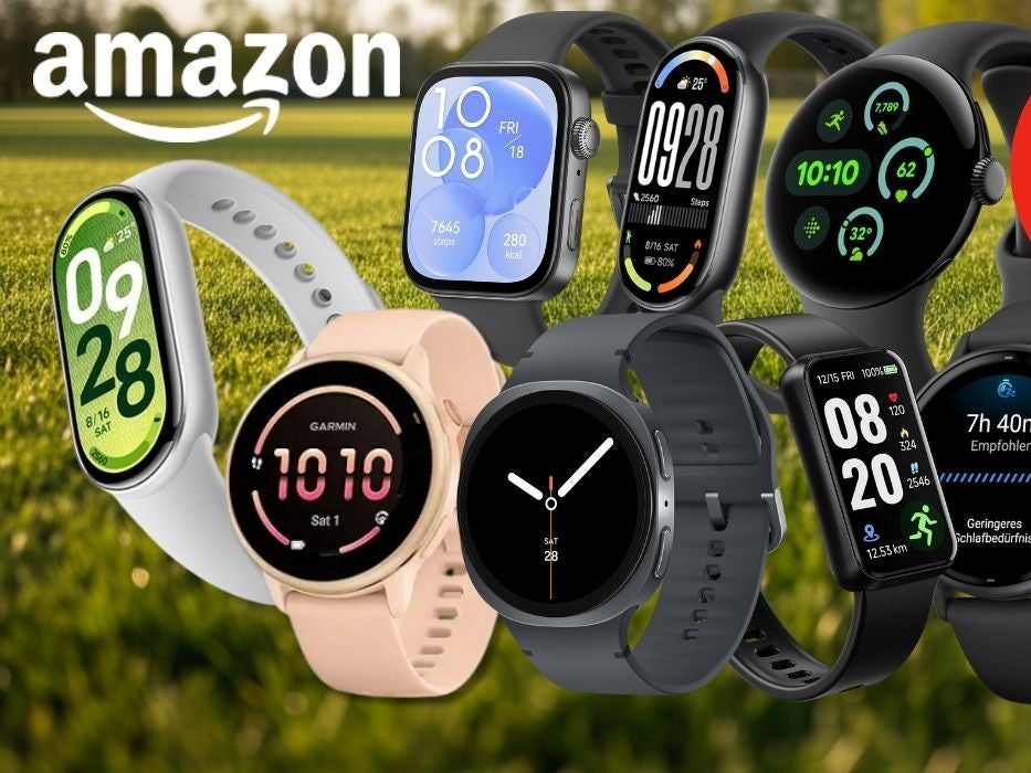 Collage mehrerer Smartwatches verschiedener Marken – darunter Apple Watch, Samsung Galaxy Watch, Garmin und Xiaomi – vor einem frühlingshaften grünen Rasen-Hintergrund, mit Amazon-Logo und rotem Rabatt-Badge mit der Aufschrift „Bis -57 % Rabatt zur UVP".