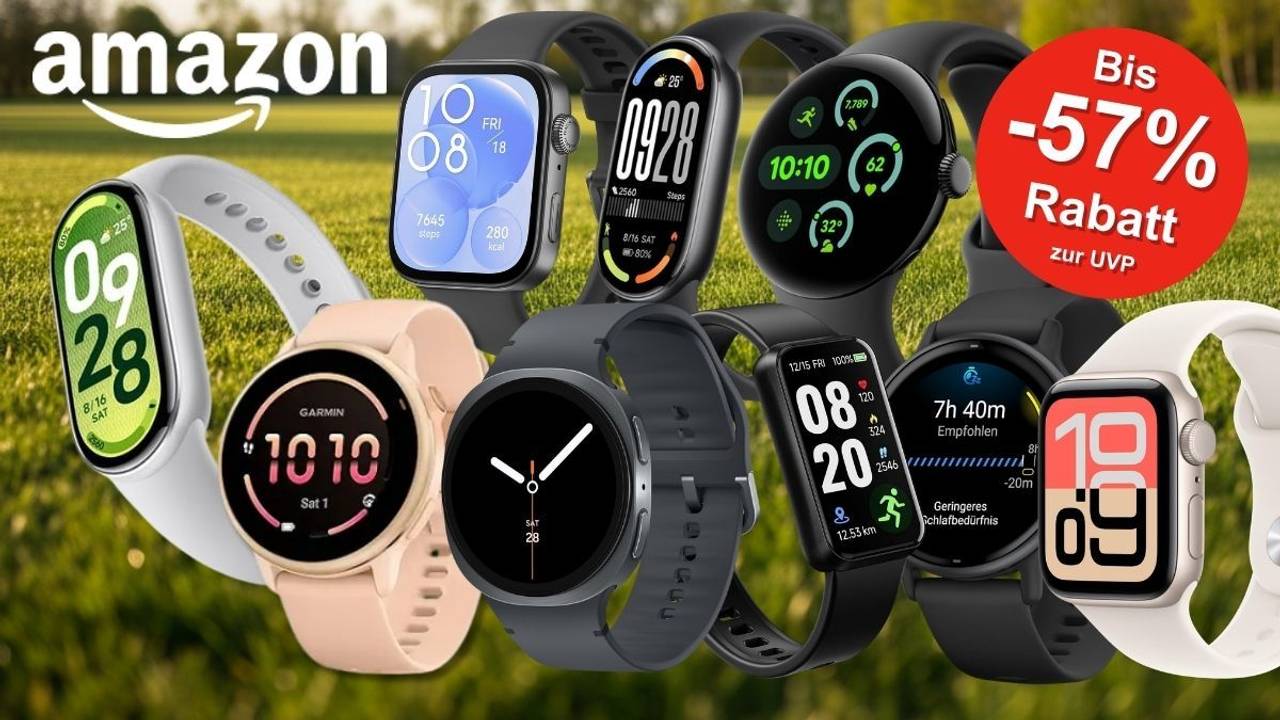 Collage mehrerer Smartwatches verschiedener Marken – darunter Apple Watch, Samsung Galaxy Watch, Garmin und Xiaomi – vor einem frühlingshaften grünen Rasen-Hintergrund, mit Amazon-Logo und rotem Rabatt-Badge mit der Aufschrift „Bis -57 % Rabatt zur UVP".
