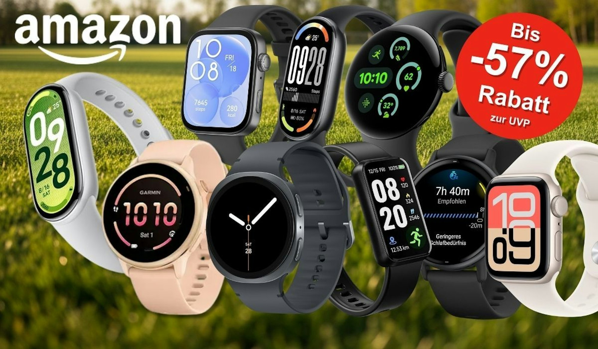 Collage mehrerer Smartwatches verschiedener Marken – darunter Apple Watch, Samsung Galaxy Watch, Garmin und Xiaomi – vor einem frühlingshaften grünen Rasen-Hintergrund, mit Amazon-Logo und rotem Rabatt-Badge mit der Aufschrift „Bis -57 % Rabatt zur UVP".
