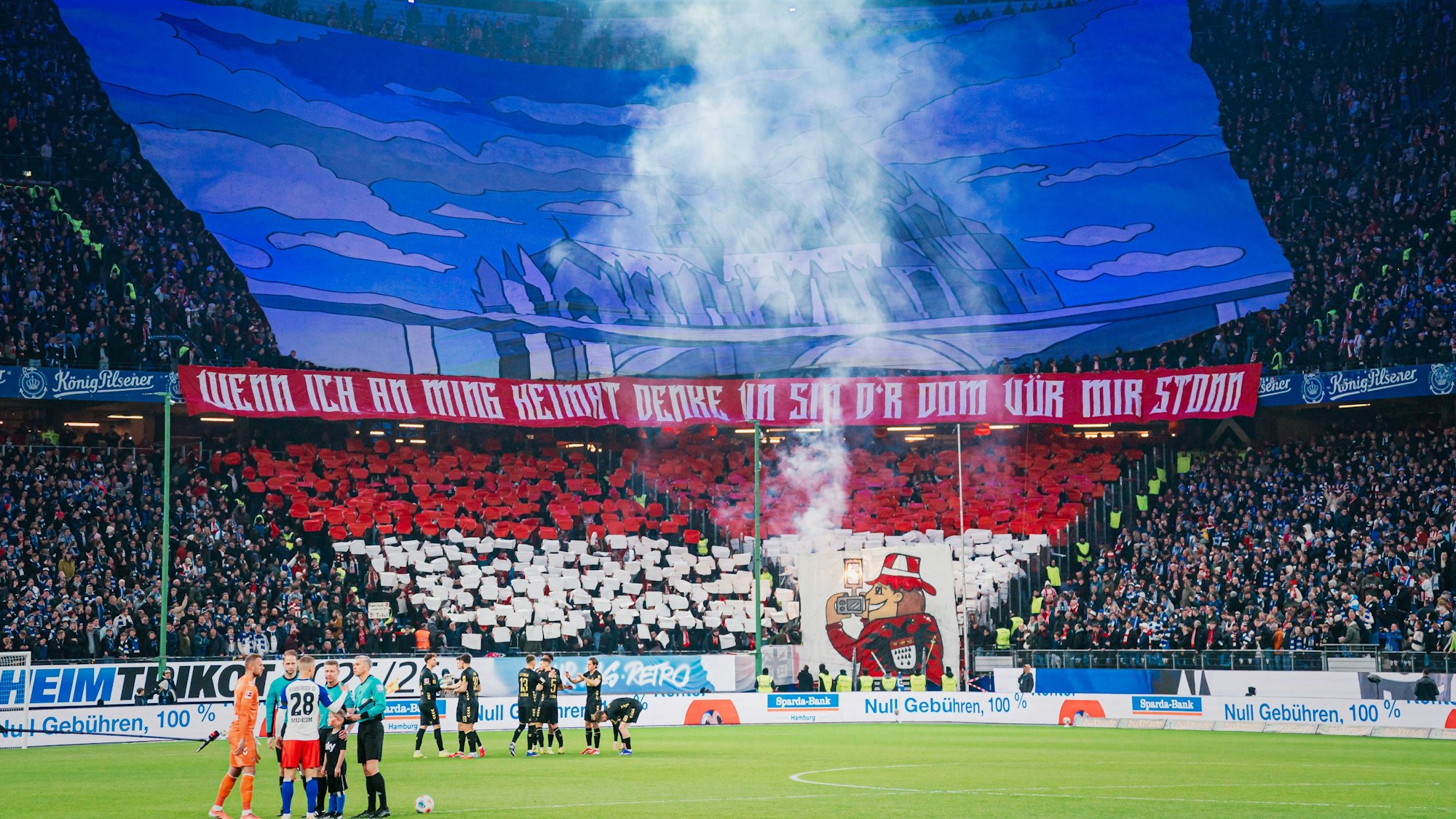 Die Fans des 1. FC Köln mit einer Choreo im Stadion.