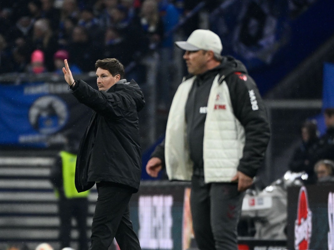Merlin Polzin (Hamburger SV) und Lukas Kwasniok (1. FC Köln) reagieren am Spielfeldrand.