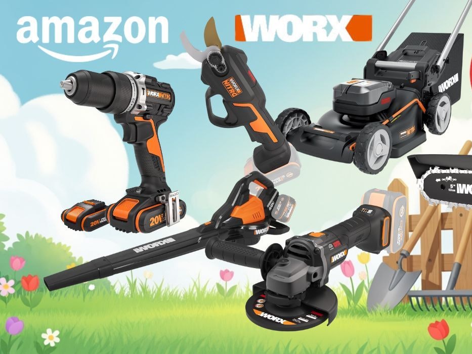 Produktbild zum Worx Sale bei den Amazon Frühlingsangeboten 2026: Mehrere Worx-Geräte in Orange-Schwarz vor frühlingshaftem Hintergrund – darunter ein Akku-Schlagbohrschrauber, eine Mini-Kettensäge, ein Akku-Rasenmäher, ein Laubbläser und ein Winkelschleifer. Oben links das Amazon-Logo, oben rechts das Worx-Logo, rechts ein roter Button mit der Aufschrift „Bis -38 % Rabatt zur UVP".