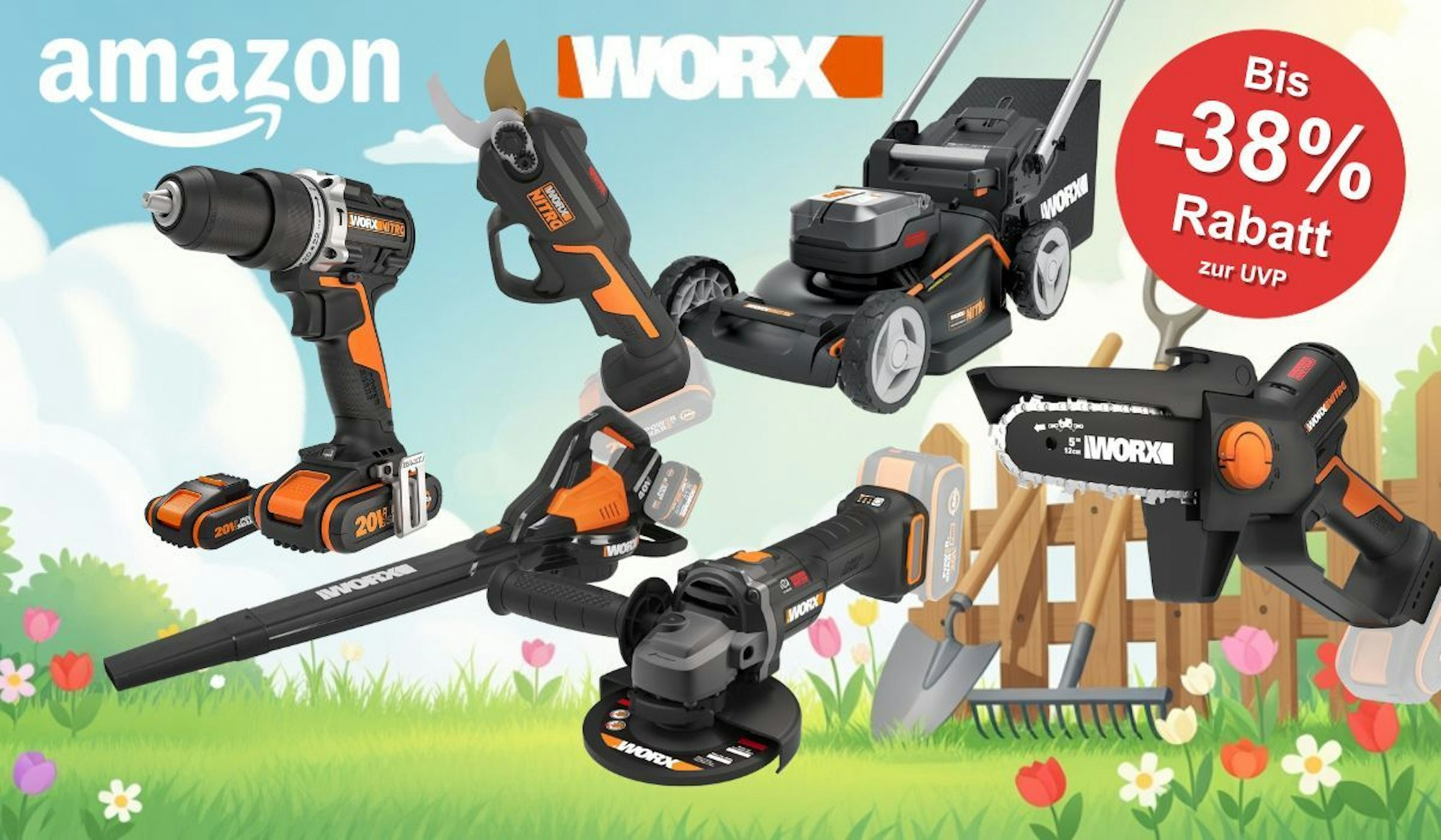 Produktbild zum Worx Sale bei den Amazon Frühlingsangeboten 2026: Mehrere Worx-Geräte in Orange-Schwarz vor frühlingshaftem Hintergrund – darunter ein Akku-Schlagbohrschrauber, eine Mini-Kettensäge, ein Akku-Rasenmäher, ein Laubbläser und ein Winkelschleifer. Oben links das Amazon-Logo, oben rechts das Worx-Logo, rechts ein roter Button mit der Aufschrift „Bis -38 % Rabatt zur UVP".