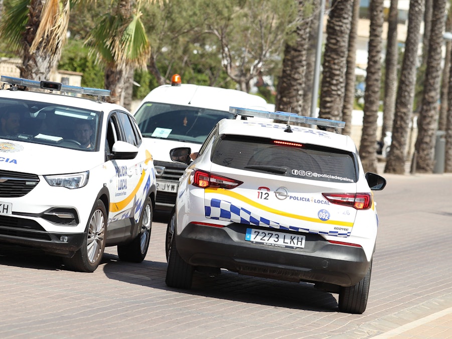 Polizeiautos, ein Transporter, Menschen und Palmen