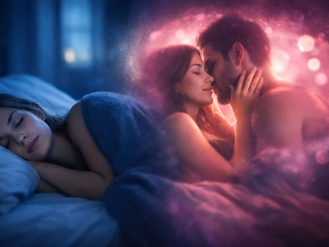 Junge Frau liegt schlafend im Bett und träumt davon, sich mit einem jungen Mann zu küssen.