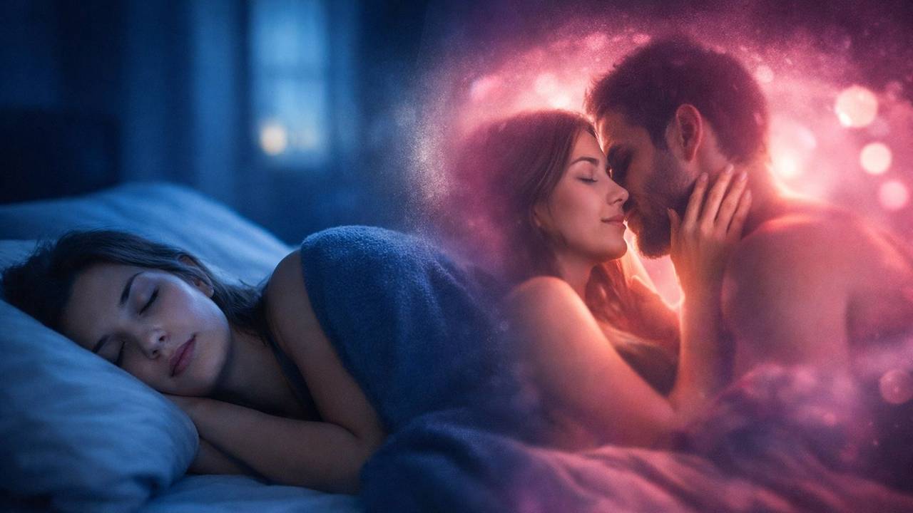 Junge Frau liegt schlafend im Bett und träumt davon, sich mit einem jungen Mann zu küssen.