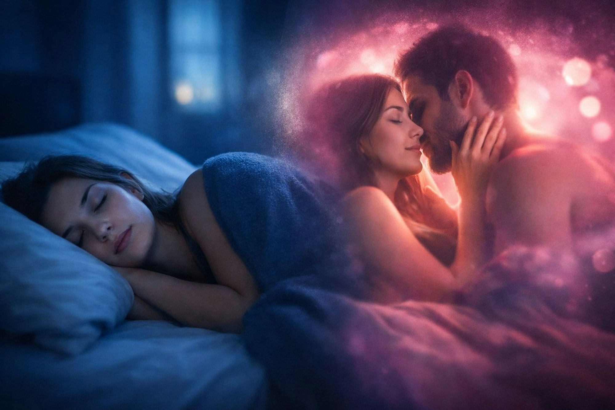 Junge Frau liegt schlafend im Bett und träumt davon, sich mit einem jungen Mann zu küssen.