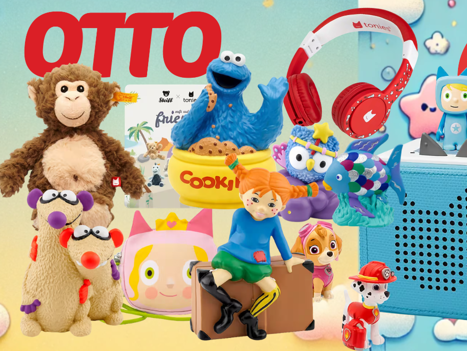 Tonie Figuren und Tonies Box vor buntem Hintergrund.