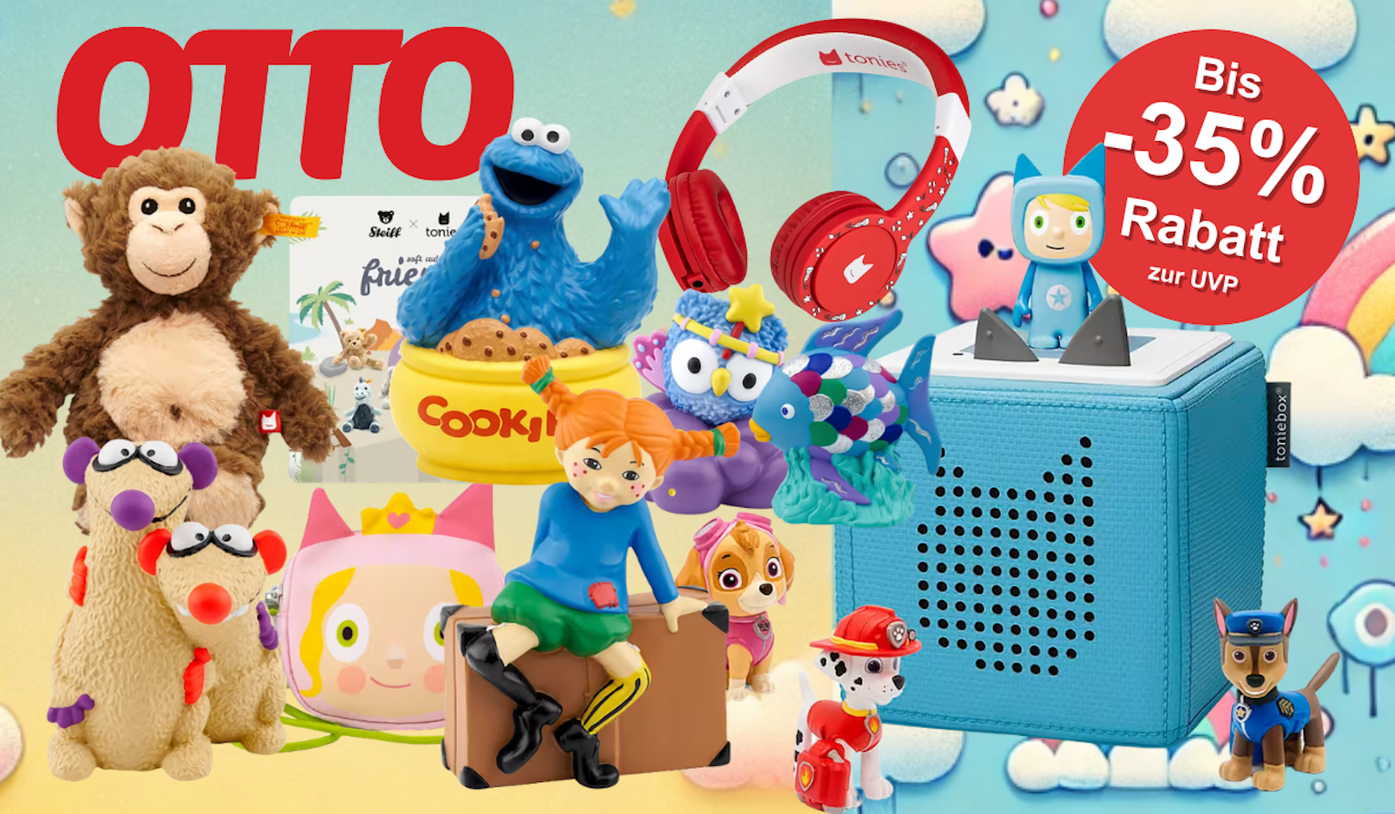 Tonie Figuren und Tonies Box vor buntem Hintergrund.