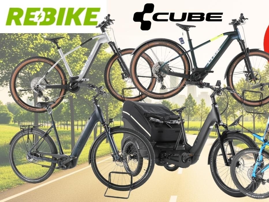 Mehrere refurbished Cube E-Bikes verschiedener Typen – E-MTB, City-Bike, Cargo-Trike und Trekking-Bike – vor frühlingsgrünem Parkpanorama, mit Rebike- und Cube-Logo sowie rotem Rabatt-Button „Bis -45% zur UVP"