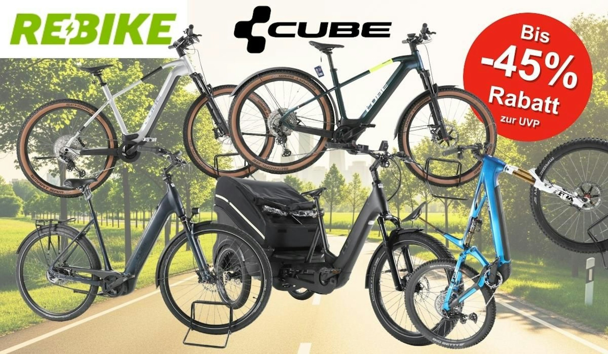 Mehrere refurbished Cube E-Bikes verschiedener Typen – E-MTB, City-Bike, Cargo-Trike und Trekking-Bike – vor frühlingsgrünem Parkpanorama, mit Rebike- und Cube-Logo sowie rotem Rabatt-Button „Bis -45% zur UVP"