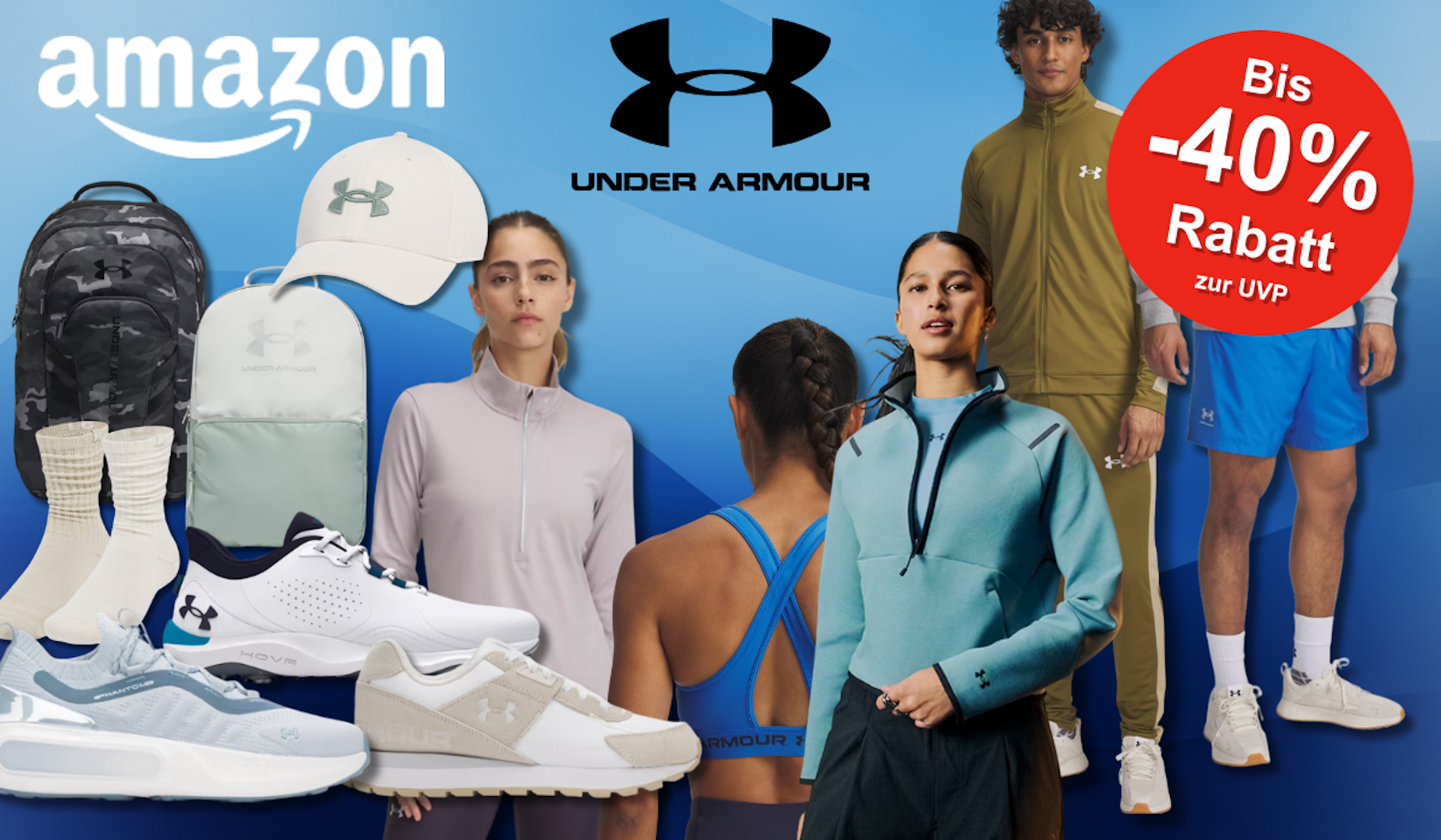 Produktbilder von Under Armour Caps, Rucksäcken, Oberteile, Sport BHs, Jogginghosen & Sneakern, die es aktuell reduziert im Under Armour Sale gibt.