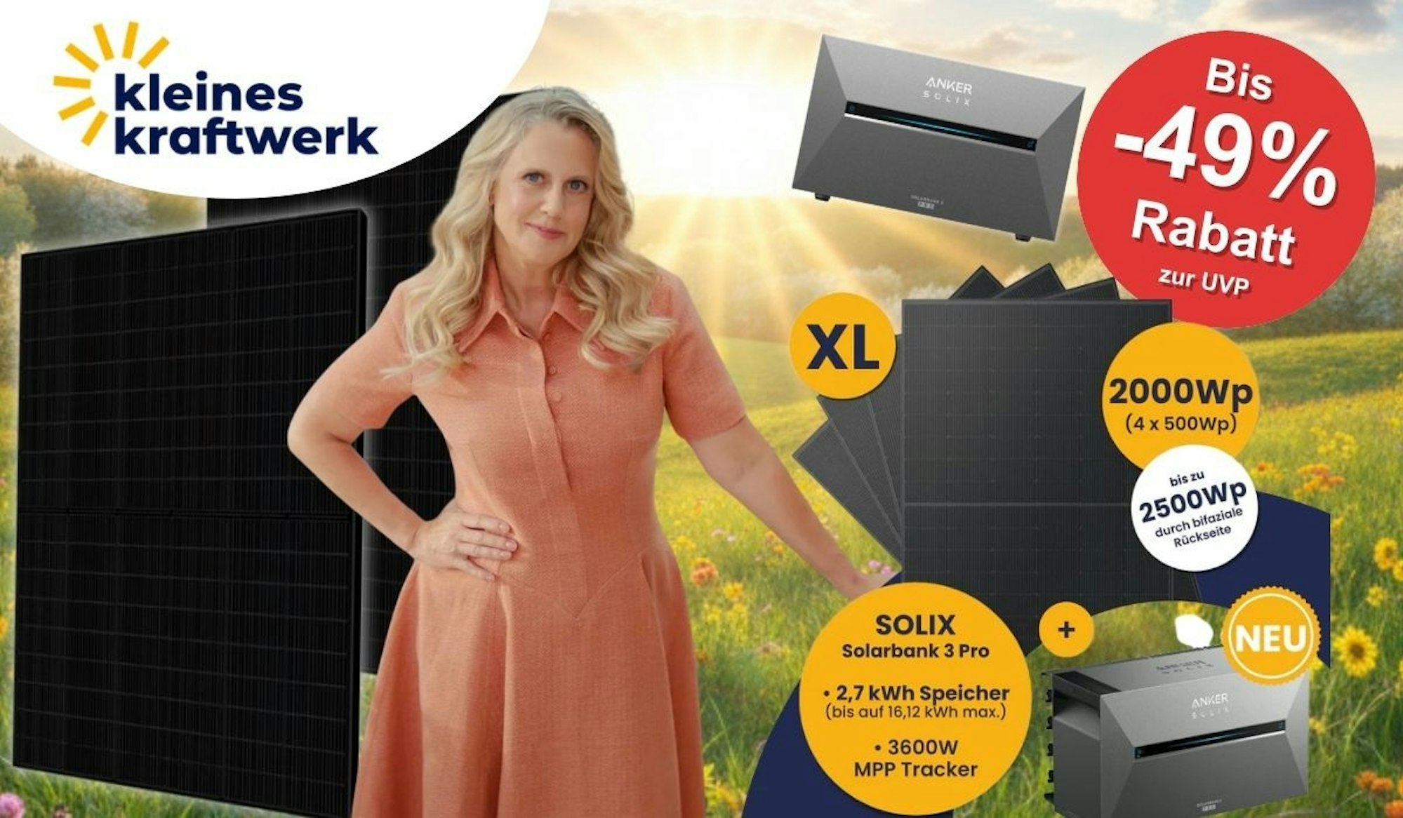 Kleines Kraftwerk Balkonkraftwerk mit Anker Solix Solarbank 3 Pro und Solar-Modulen vor frühlingshaftem Naturhintergrund mit Sonne. Im Vordergrund Barbara Schöneberger zusammen mit den Balkonkraftwerken.