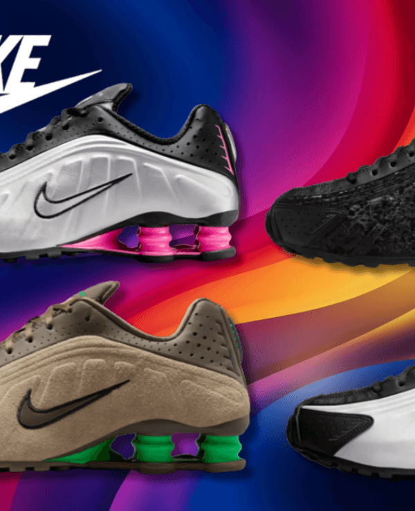 4 verschiedene Nike Shox R4 Sneaker Modelle vor einem bunten Hintegrund.