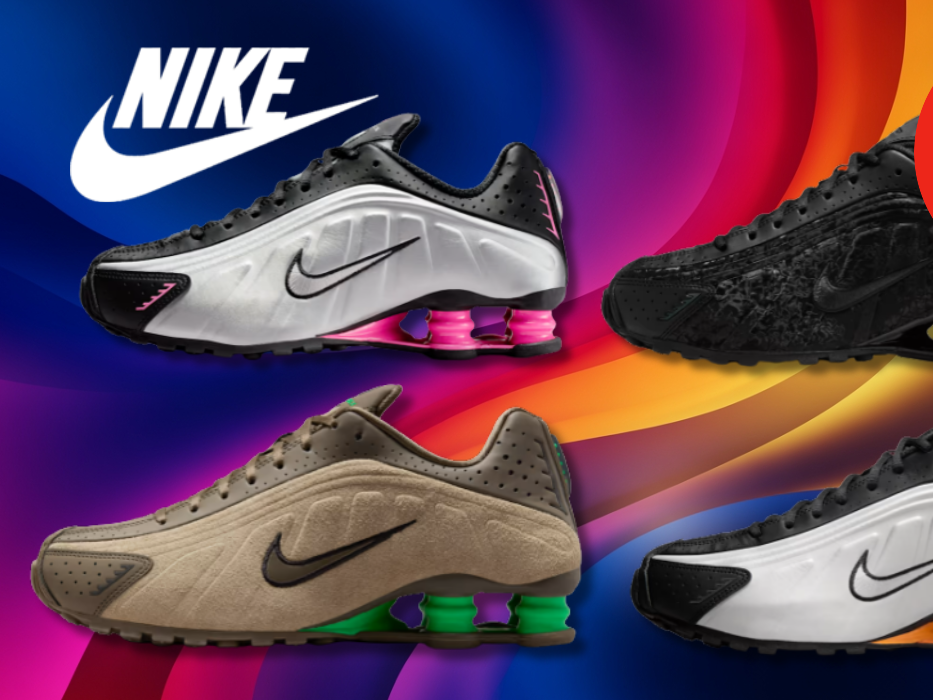 4 verschiedene Nike Shox R4 Sneaker Modelle vor einem bunten Hintegrund.