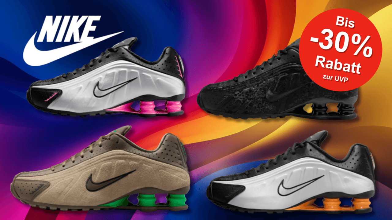 4 verschiedene Nike Shox R4 Sneaker Modelle vor einem bunten Hintegrund.