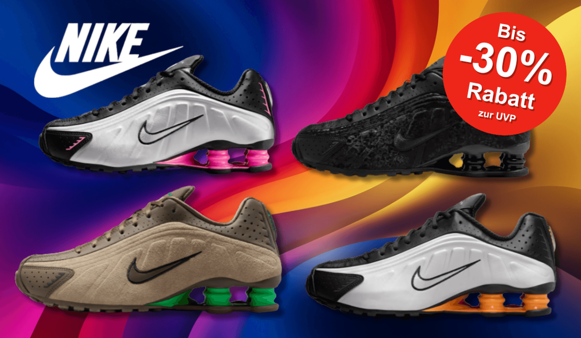 4 verschiedene Nike Shox R4 Sneaker Modelle vor einem bunten Hintegrund.