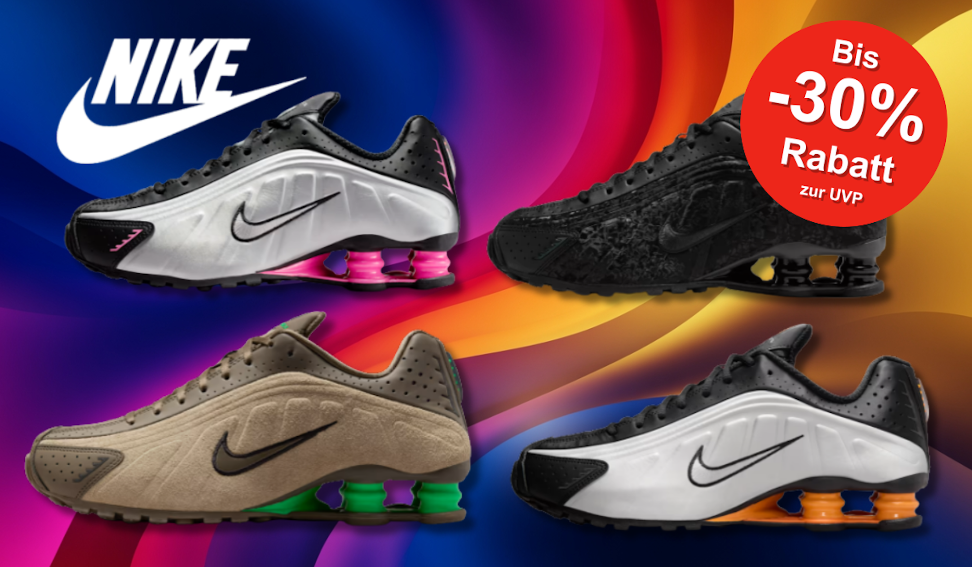 4 verschiedene Nike Shox R4 Sneaker Modelle vor einem bunten Hintegrund.