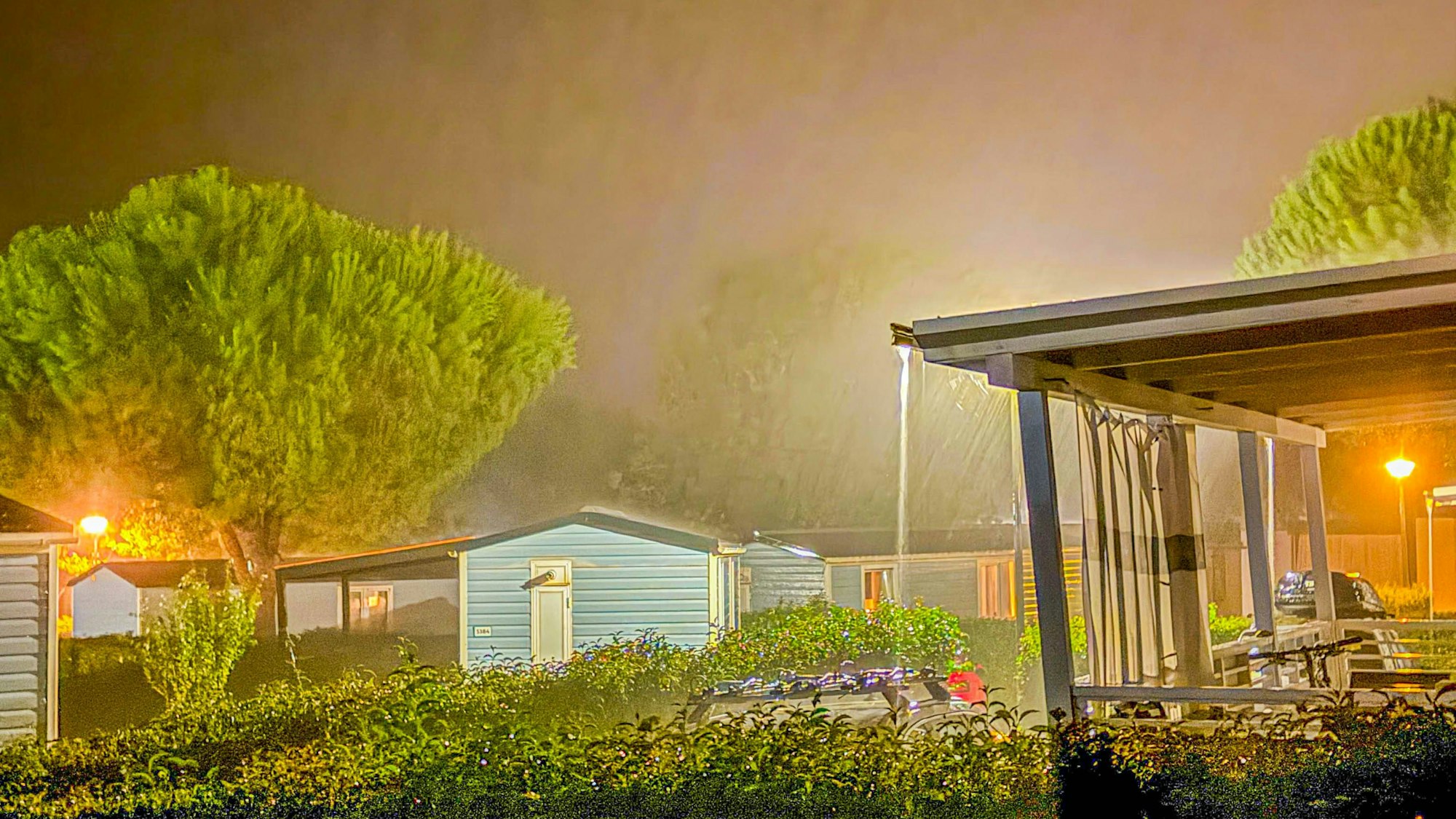 Häuser und Bäume im Nebel bei Nacht