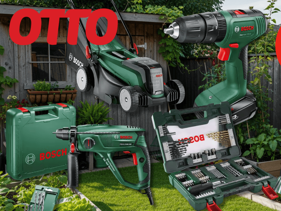 Verschiedene Bosch Home & Garden Produkte wie ein Rasenmäher, ein Bohrer, eine Bürst und mehr vor einem Garten Hintergrund.